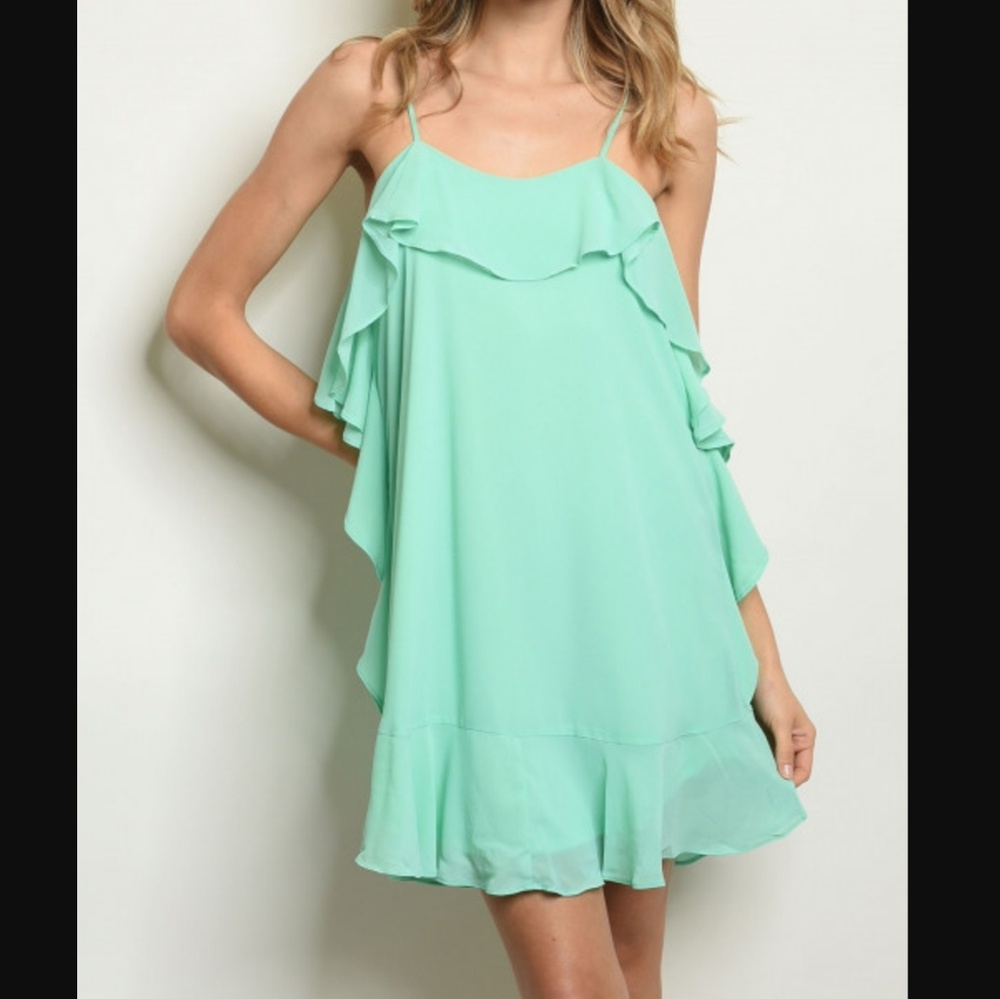 SEAJAE Mini Dress Strappy Scoop Neck Cascading Ruffle Cool Mint Sm Md Lg NWT